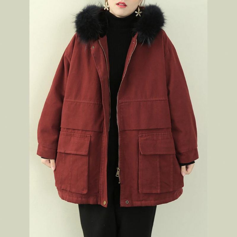 Femmes Grande Taille Vêtements Veste D'hiver Outwear Rouge À Capuche Col En Fausse Fourrure Pardessus - Noir