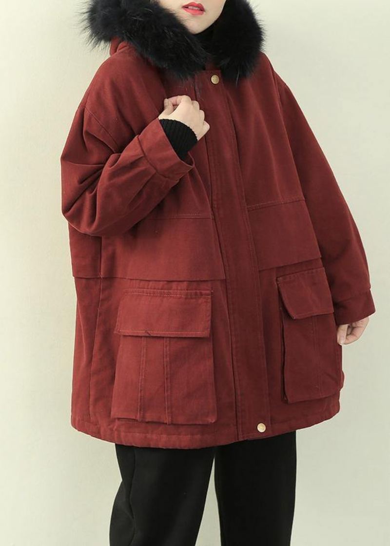 Femmes Grande Taille Vêtements Veste D'hiver Outwear Rouge À Capuche Col En Fausse Fourrure Pardessus - Noir