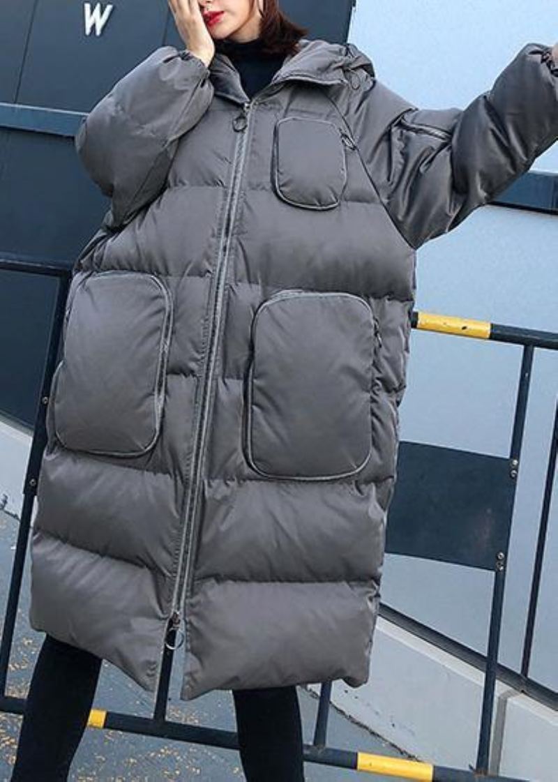 Femmes À La Mode Grande Taille Veste D'hiver Pardessus Gris À Capuche Fermeture Éclair Parka