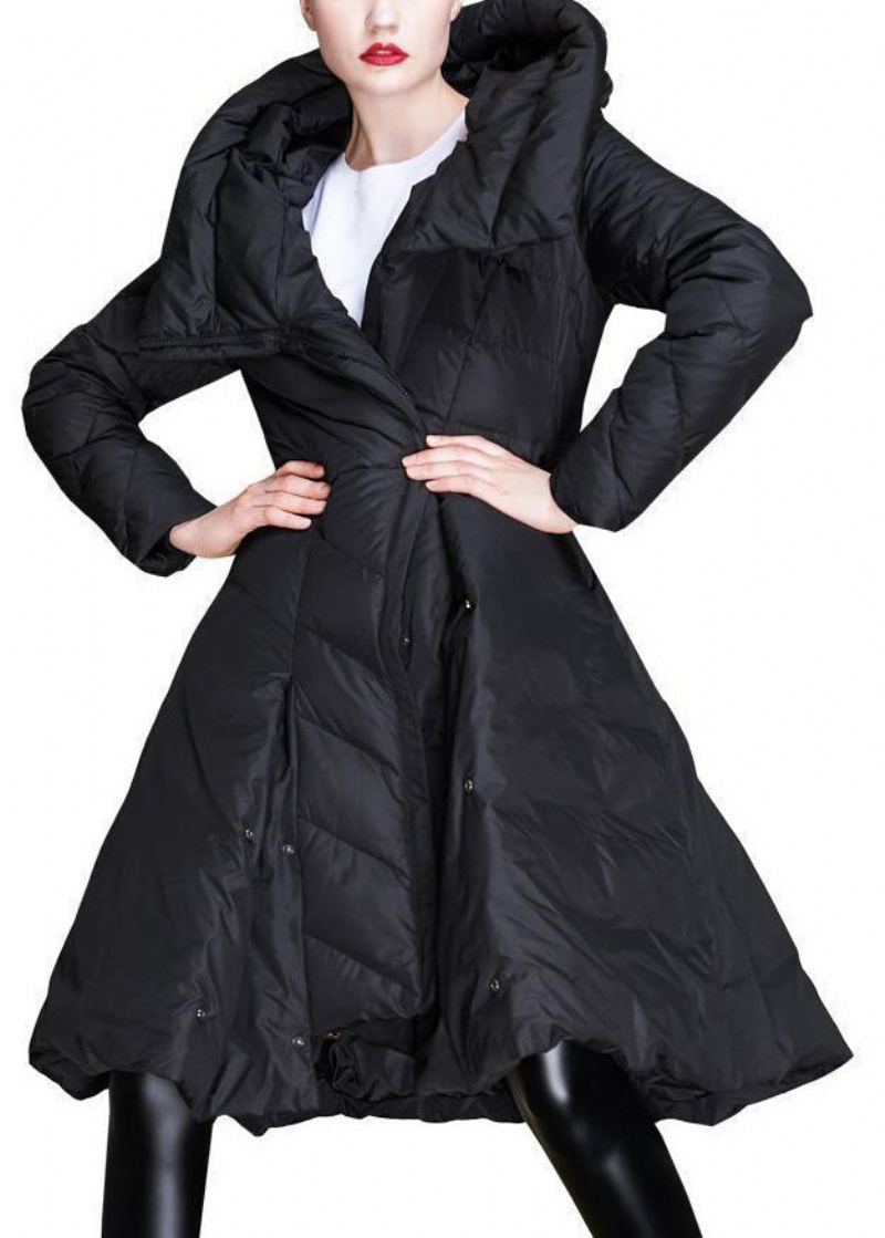 Femmes Noir À Capuche Asymétrique Bouton Duvet De Canard Manteau Hiver