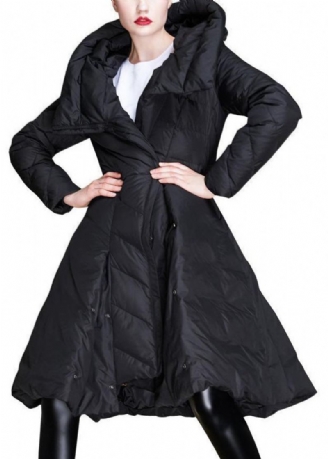 Femmes Noir À Capuche Asymétrique Bouton Duvet De Canard Manteau Hiver