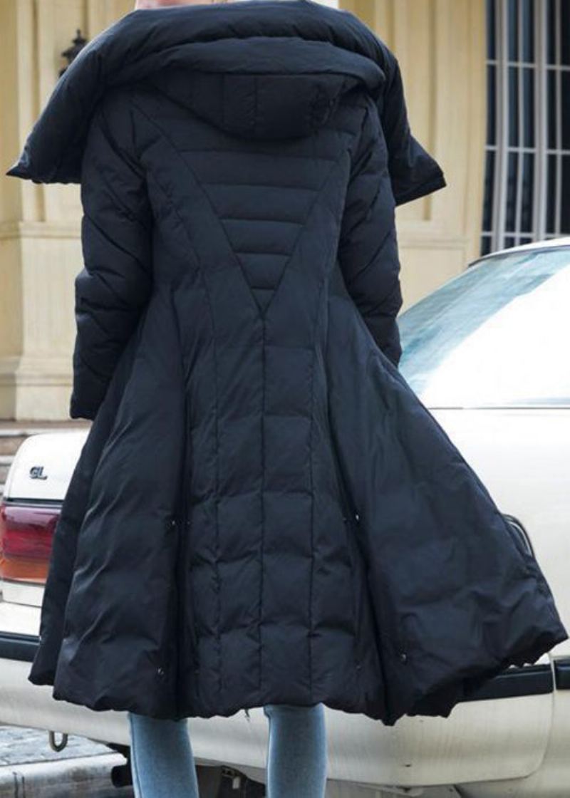 Femmes Noir À Capuche Asymétrique Bouton Duvet De Canard Manteau Hiver - Doudounes femmes