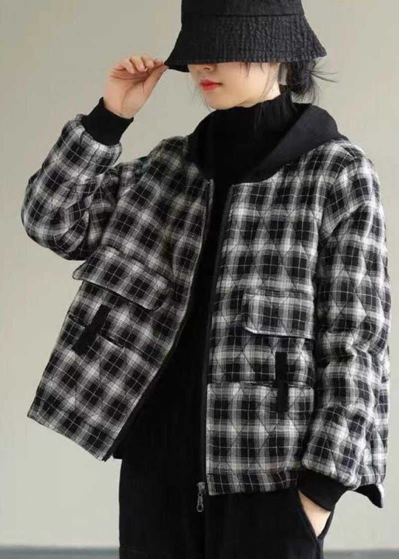 Femmes Noir Plaid À Capuche Fine Coton Rempli Doudoune Hiver