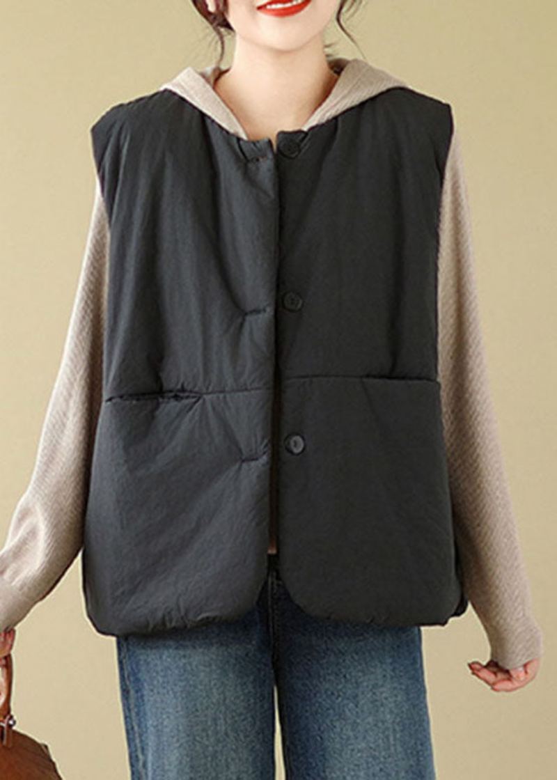 Femmes Noir Poches Patchwork Bouton Veste À Capuche Gilet Hiver - Doudounes femmes