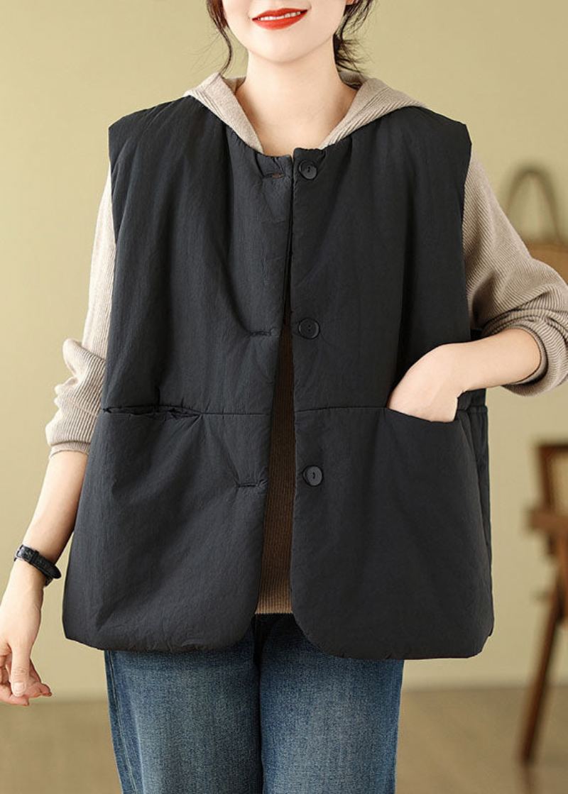 Femmes Noir Poches Patchwork Bouton Veste À Capuche Gilet Hiver - Doudounes femmes