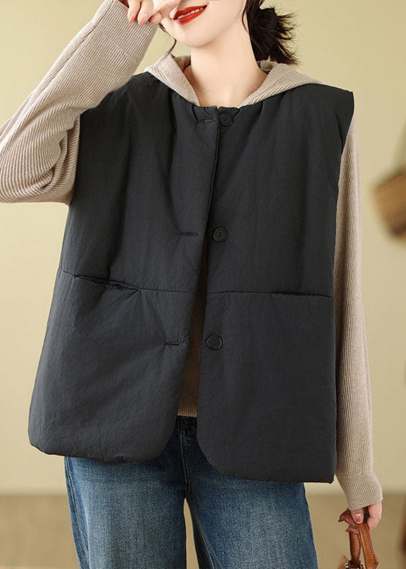 Femmes Noir Poches Patchwork Bouton Veste À Capuche Gilet Hiver - Doudounes femmes