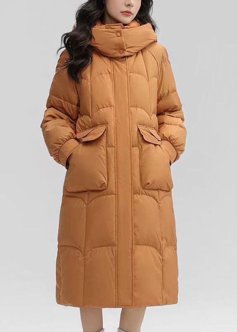 Femmes Orange À Capuche Poches Patchwork Duvet De Canard Long Manteau Hiver - Doudounes femmes