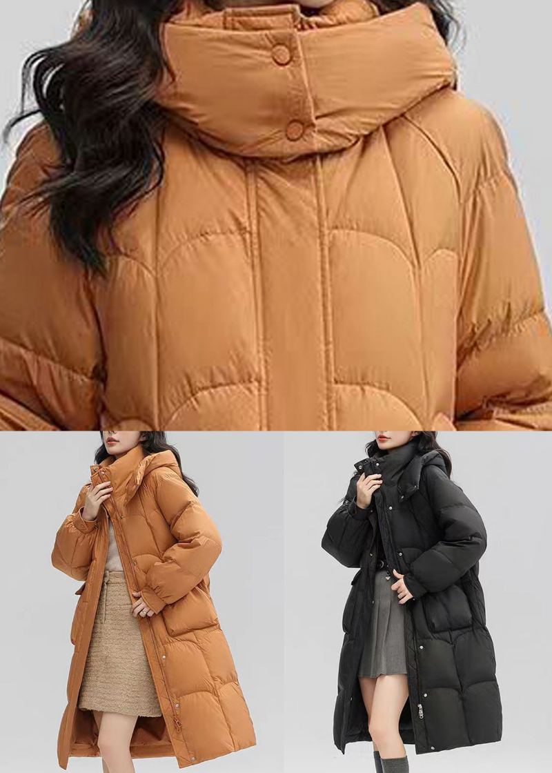 Femmes Orange À Capuche Poches Patchwork Duvet De Canard Long Manteau Hiver - Doudounes femmes