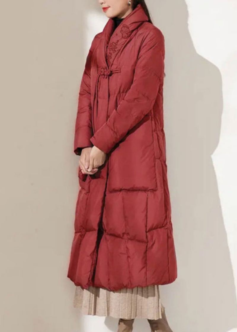 Femmes Rouge Bouton Poches Patchwork Duvet De Canard Manteau Hiver - Doudounes femmes