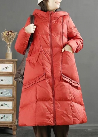 Femmes Rouge À Capuche Poches Zippées Patchwork Duvet De Canard Manteau Hiver