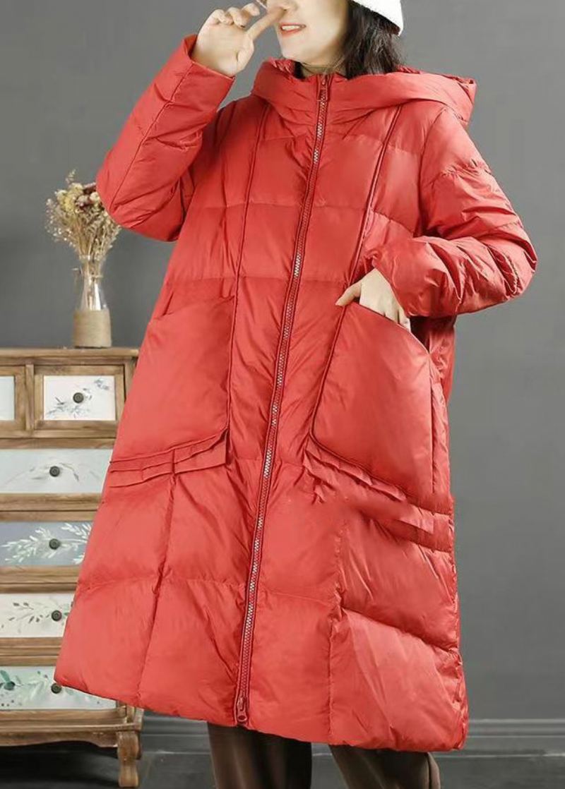 Femmes Rouge À Capuche Poches Zippées Patchwork Duvet De Canard Manteau Hiver - Doudounes femmes