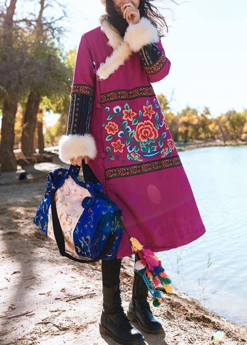 Femmes Rouge Vêtements D'hiver Amples Vestes De Neige Broderie Col En Fausse Fourrure