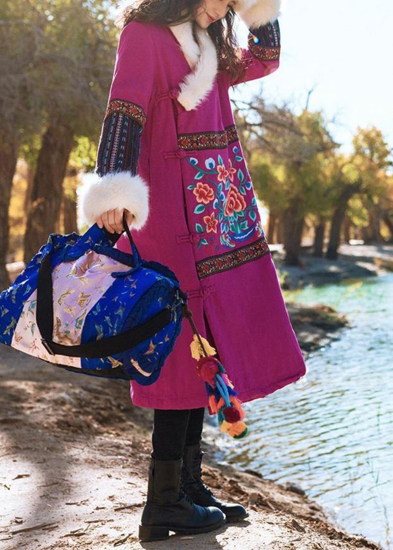 Femmes Rouge Vêtements D'hiver Amples Vestes De Neige Broderie Col En Fausse Fourrure - Doudounes femmes