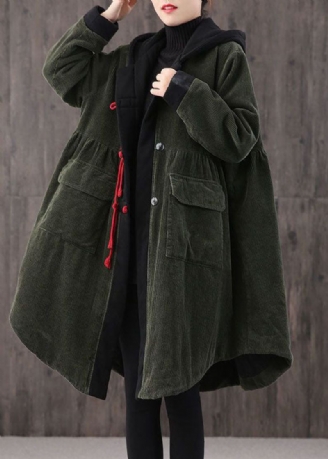 Femmes Thé Vert À Capuche Bouton Poches Patchwork Hiver Coton Parka À Manches Longues Manteau