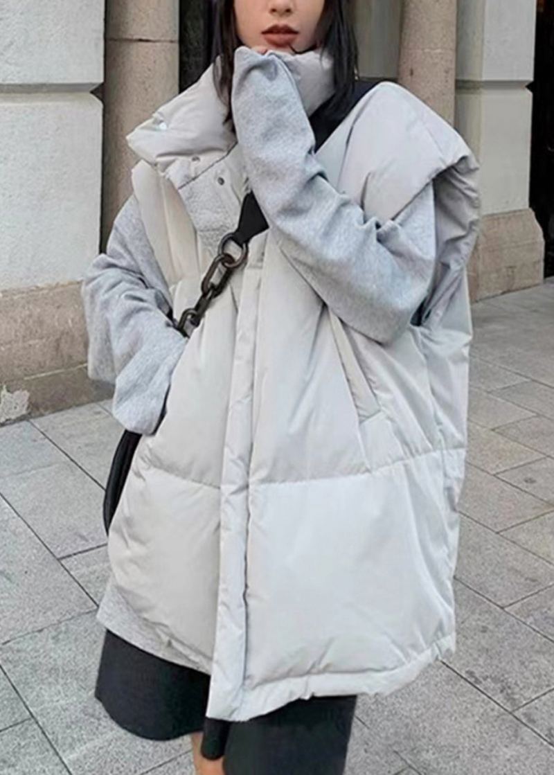 Gilet Ample Gris À Col Montant Et Poches Zippées Sans Manches - Gris