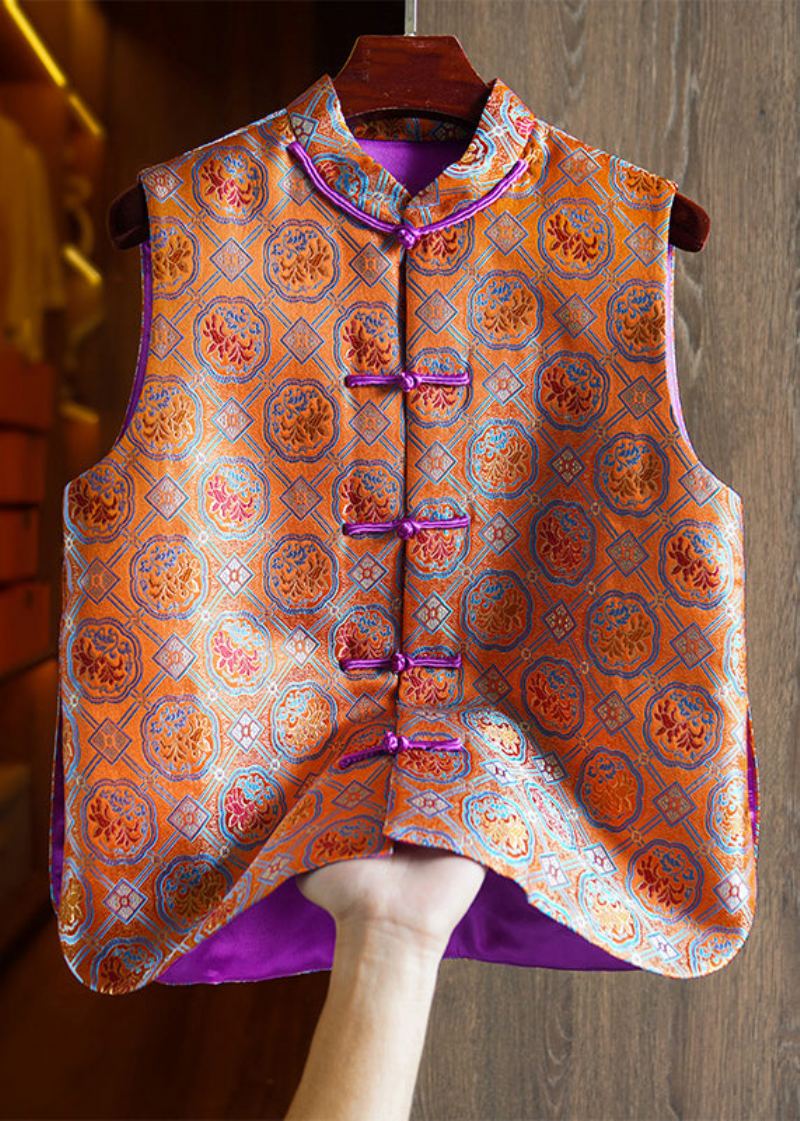 Gilet D'automne En Soie Avec Boutons Brodés Orange De Style Chinois Patchwork