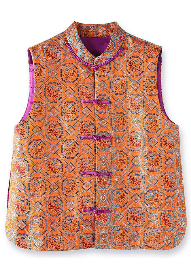 Gilet D'automne En Soie Avec Boutons Brodés Orange De Style Chinois Patchwork - Doudounes femmes