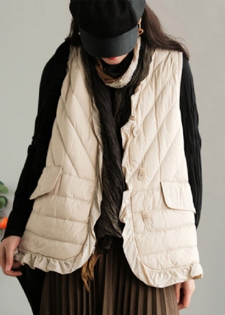 Gilet En Duvet De Canard Boutonné Beige À Volants Sans Manches