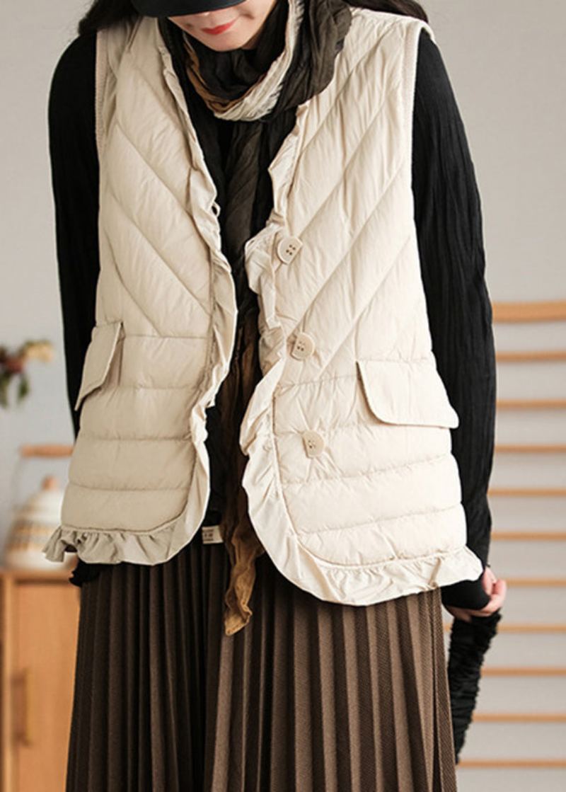 Gilet En Duvet De Canard Boutonné Beige À Volants Sans Manches - Beige