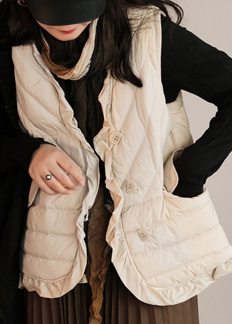 Gilet En Duvet De Canard Boutonné Beige À Volants Sans Manches - Beige