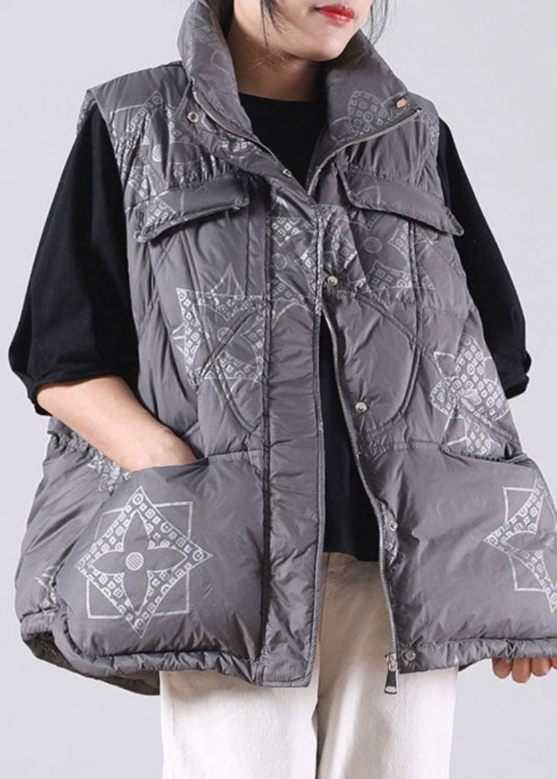 Gilet En Duvet De Canard Gris Avec Poches Zippées Et Imprimé Sans Manches Hiver