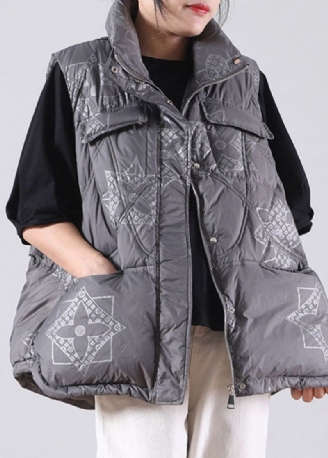 Gilet En Duvet De Canard Gris Avec Poches Zippées Et Imprimé Sans Manches Hiver