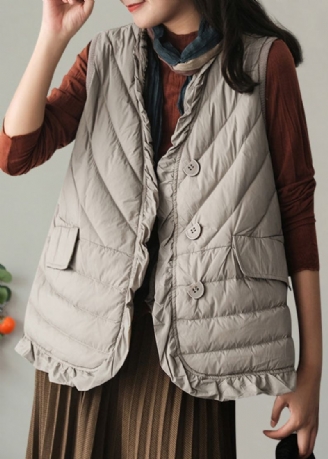 Gilet En Duvet De Canard Gris Pour Femme Poches À Col En V Hiver