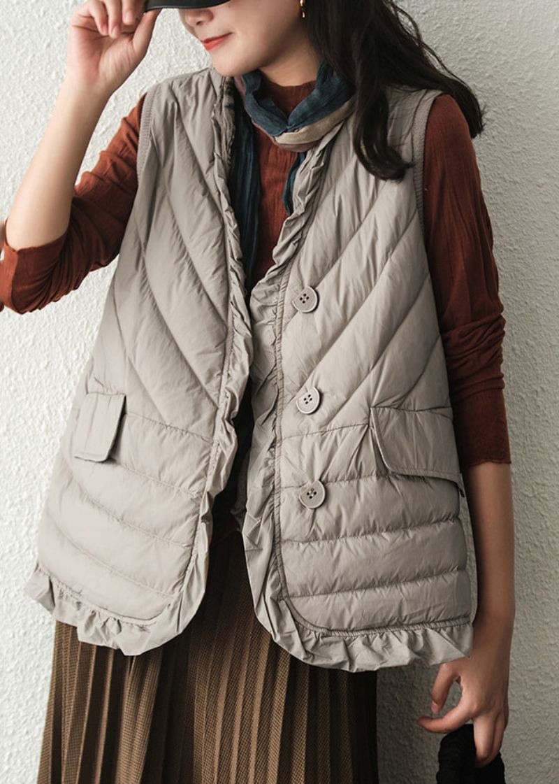 Gilet En Duvet De Canard Gris Pour Femme Poches À Col En V Hiver - Gris