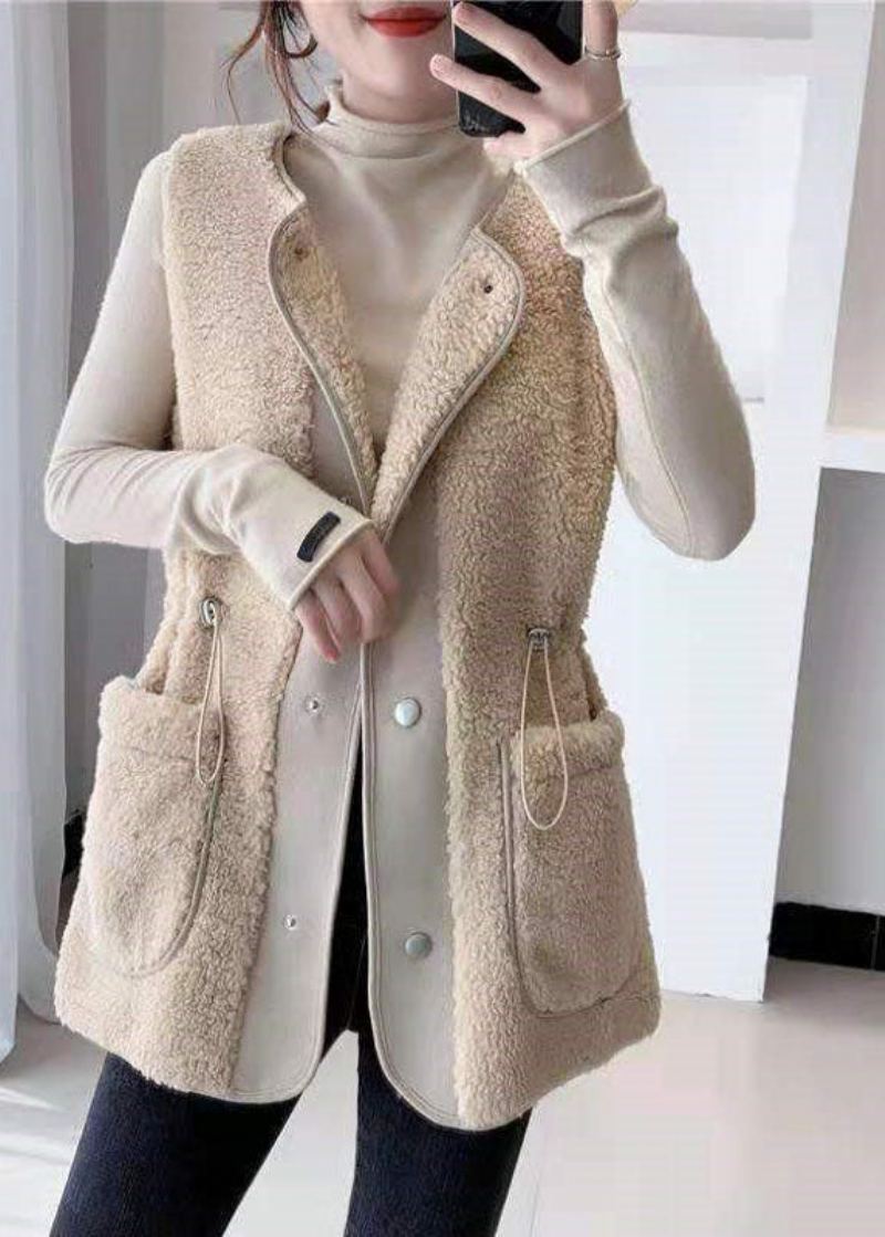 Gilet D'hiver En Fausse Fourrure Avec Cordon De Serrage Abricot Ample