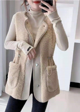 Gilet D'hiver En Fausse Fourrure Avec Cordon De Serrage Abricot Ample