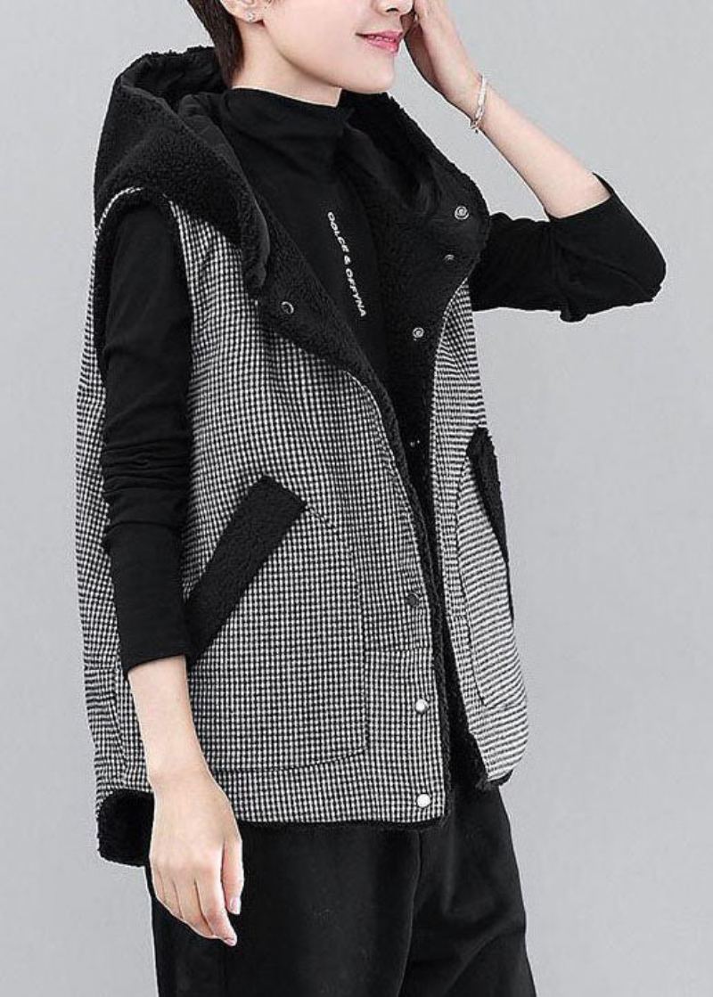 Gilet D'hiver En Fausse Fourrure À Capuche Noir À Carreaux Patchwork Bricolage - Doudounes femmes