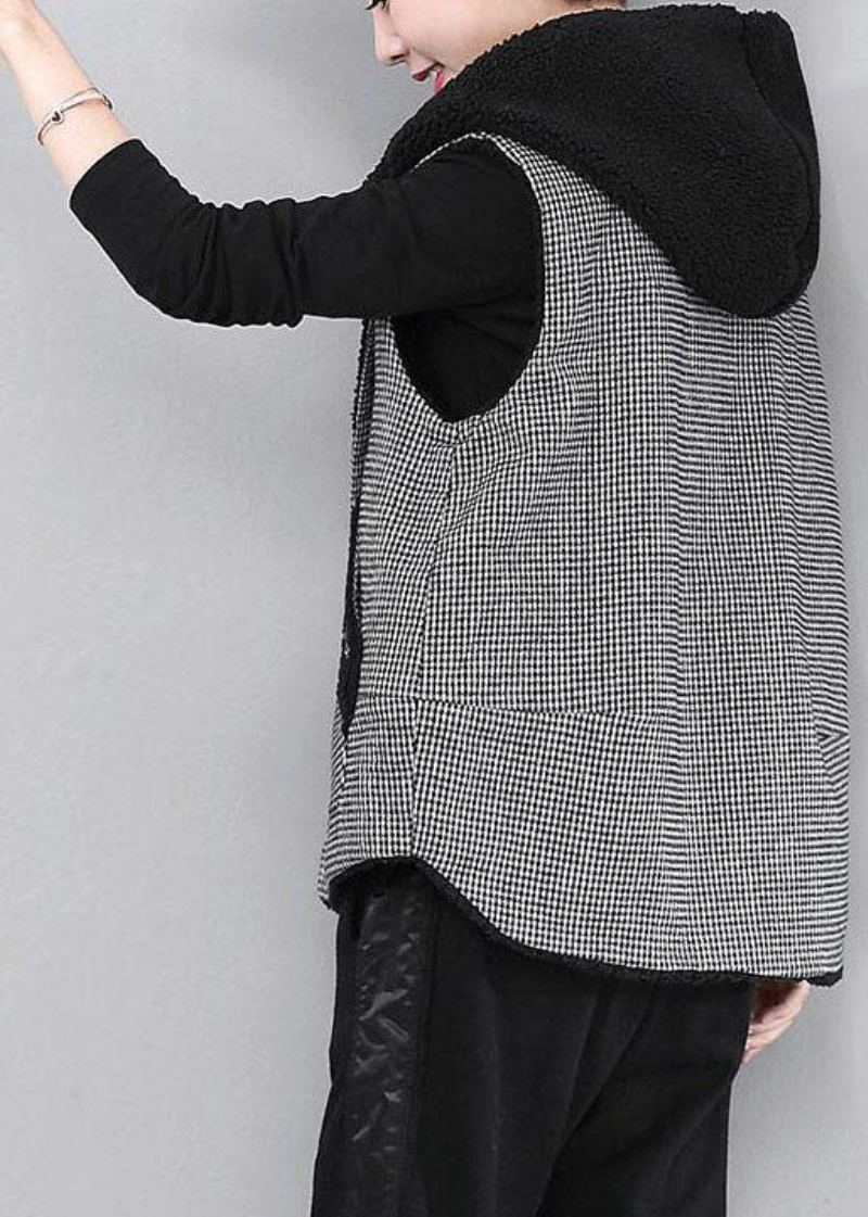 Gilet D'hiver En Fausse Fourrure À Capuche Noir À Carreaux Patchwork Bricolage - Doudounes femmes