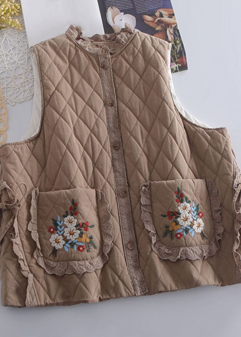 Gilet D'hiver À Volants Brodé Beige Biologique Avec Cravate À La Taille - Beige