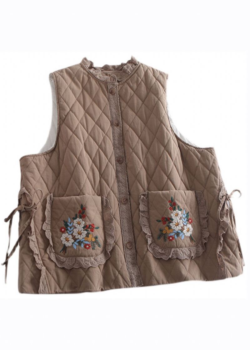 Gilet D'hiver À Volants Brodé Beige Biologique Avec Cravate À La Taille - Beige