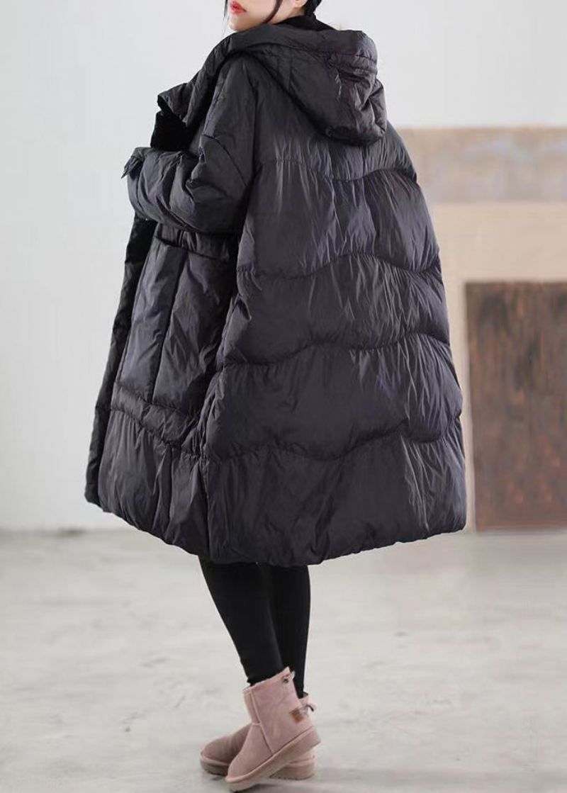 Grande Taille Noir À Capuche Poches Patchwork Duvet De Canard Manteau Hiver - Doudounes femmes