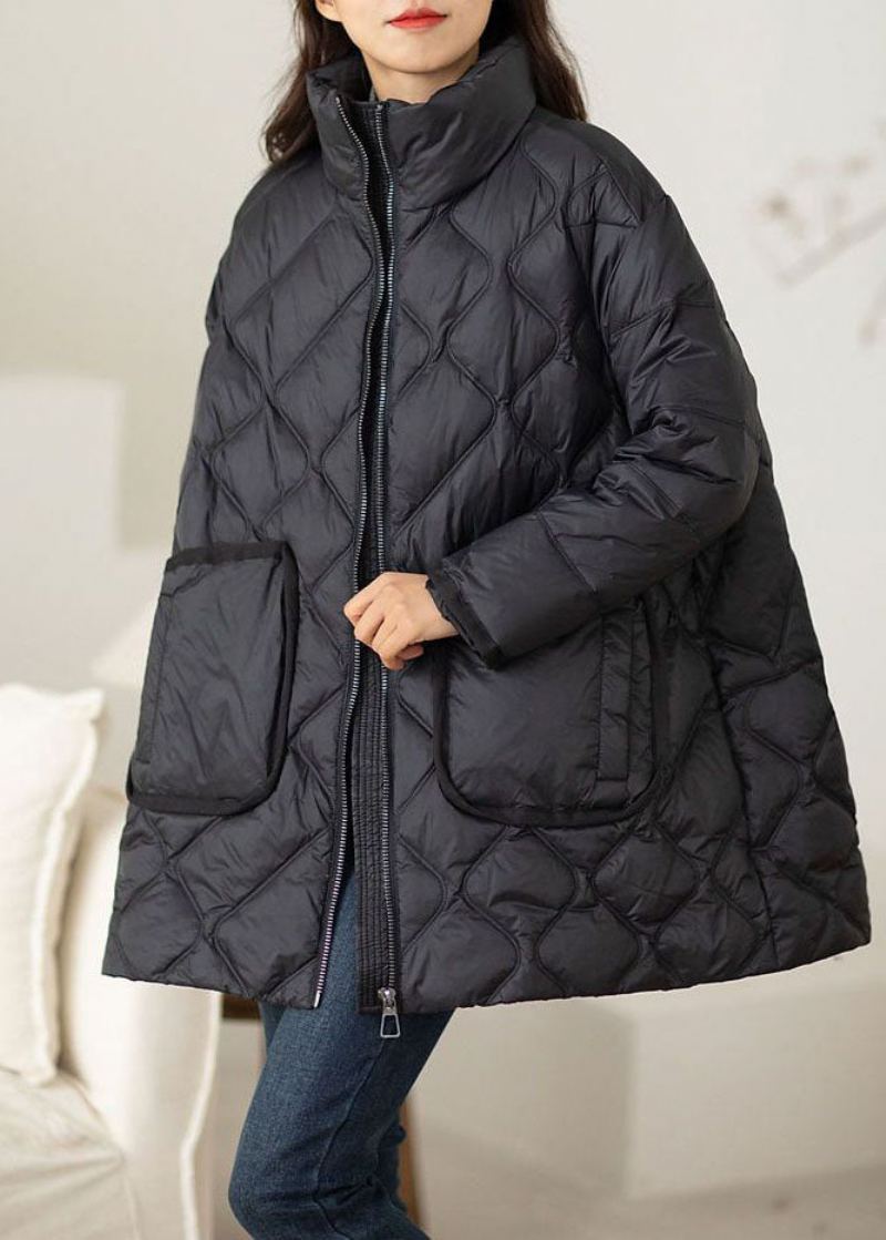 Grande Taille Noir Col Montant Zip Up Duvet De Canard Doudoune Hiver - Doudounes femmes