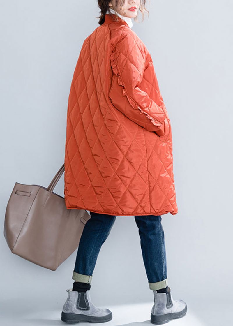 Grande Taille Orange Poches Zippées À Volants Patchwork Coton Rempli Manteaux Hiver - Doudounes femmes