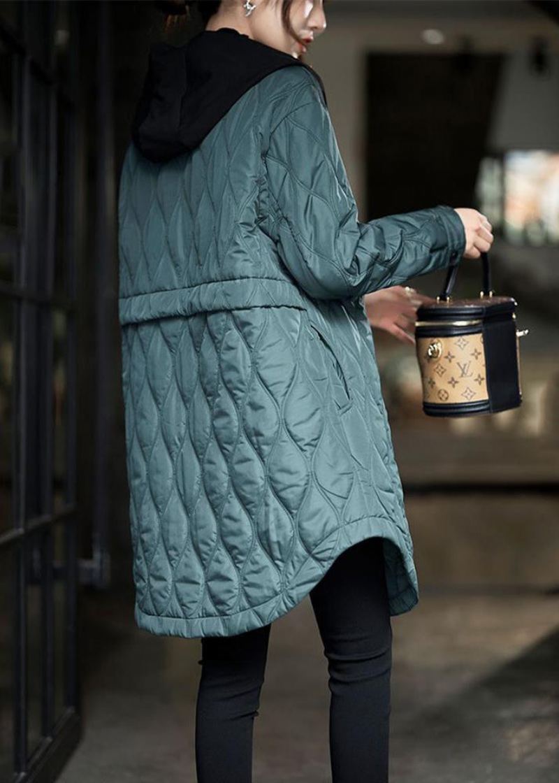 Grande Taille Paon Vert À Capuche Poches Coton Rempli Femmes Manteaux Hiver - Doudounes femmes