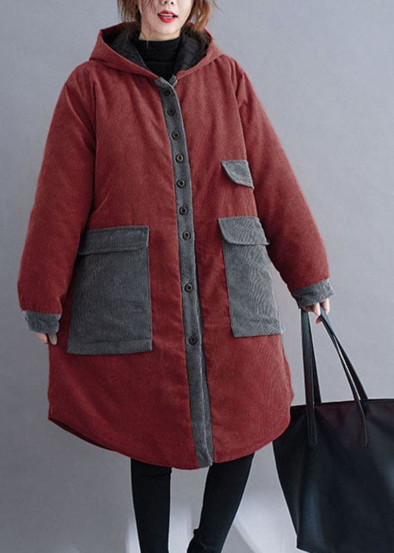 Grande Taille Rouge À Capuche Bouton Velours Côtelé Hiver Coton Manteau Long Manches - Café