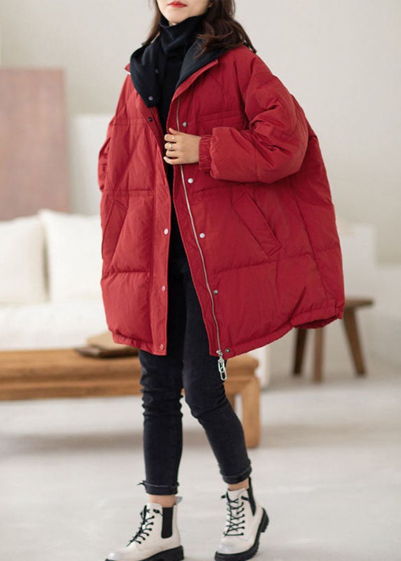 Grande Taille Rouge À Capuche Patchwork Duvet De Canard Vestes Hiver - Doudounes femmes