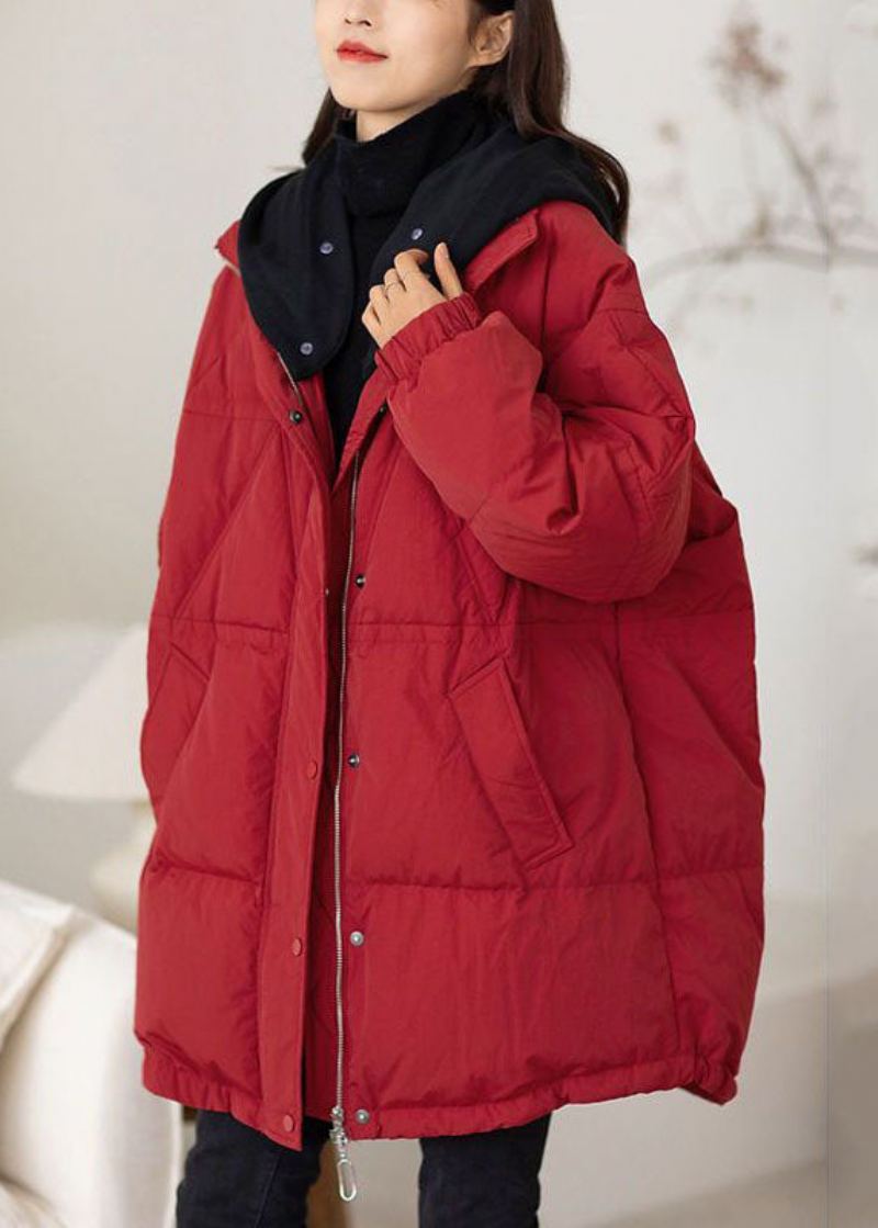 Grande Taille Rouge À Capuche Patchwork Duvet De Canard Vestes Hiver - Doudounes femmes