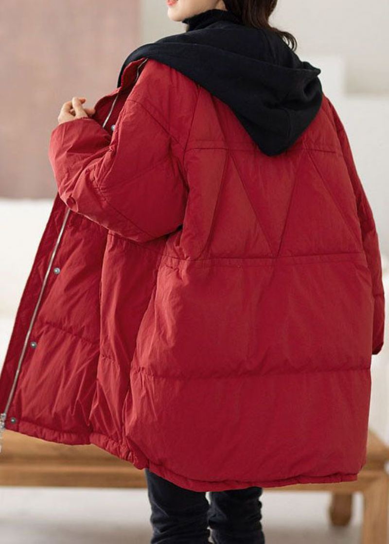 Grande Taille Rouge À Capuche Patchwork Duvet De Canard Vestes Hiver - Doudounes femmes