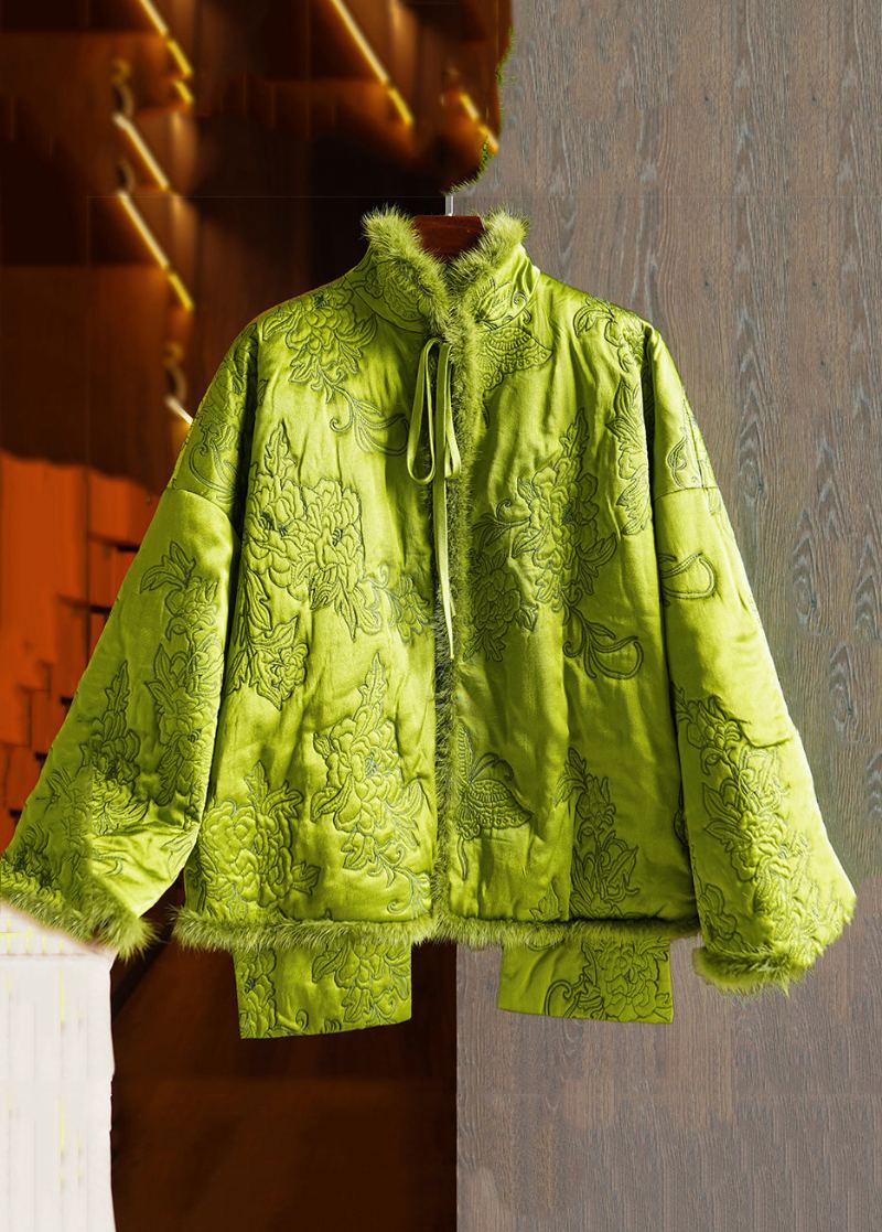 Grande Taille Vert À Lacets Vison Cheveux Patchwork Soie Parka Hiver - Doudounes femmes