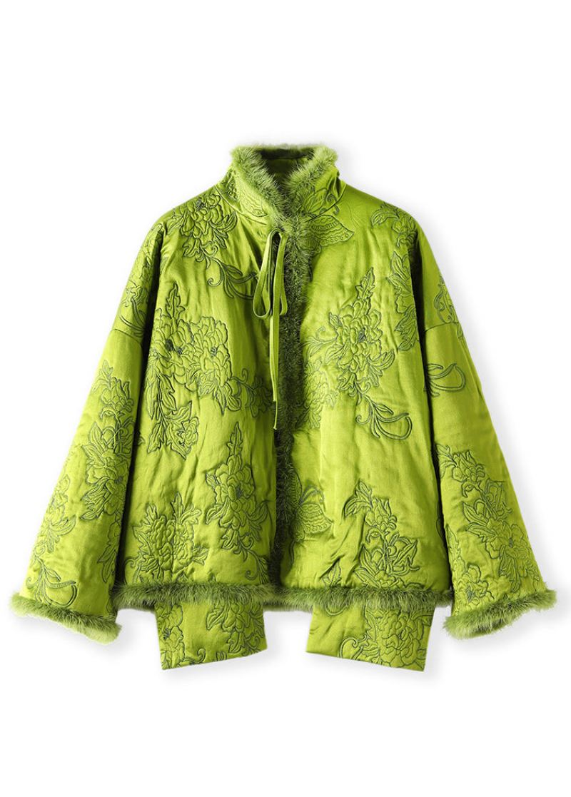 Grande Taille Vert À Lacets Vison Cheveux Patchwork Soie Parka Hiver - Doudounes femmes