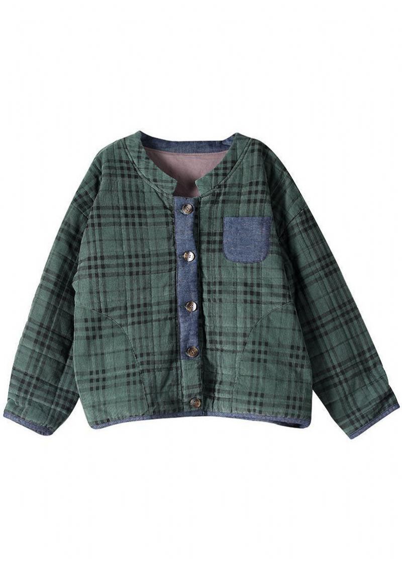 Grande Taille Vert Plaid Bouton Patchwork Vestes D'hiver À Manches Longues - Doudounes femmes