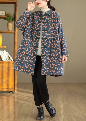 Grande Taille Vintage Imprimé Poches Bouton Chinois Fin Coton Rempli Manteau Hiver