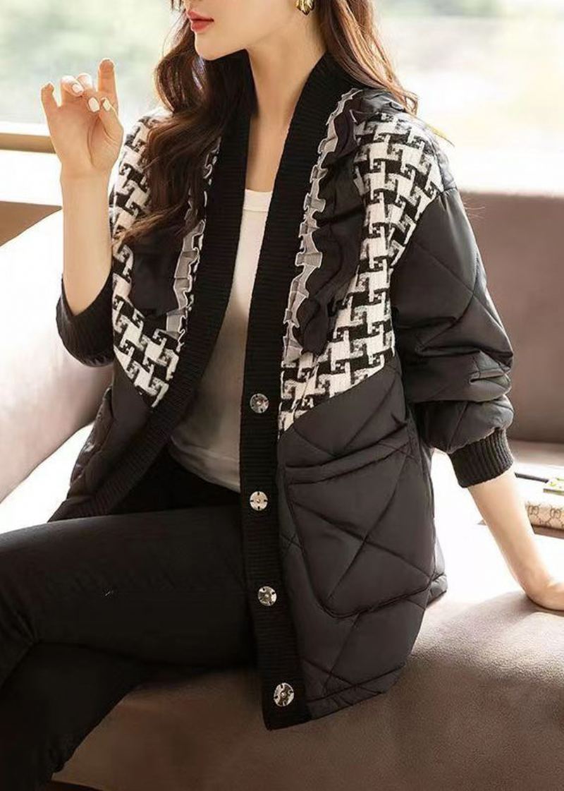 Lâche Noir Plaid Bouton Patchwork Coton Manteaux Hiver - Doudounes femmes