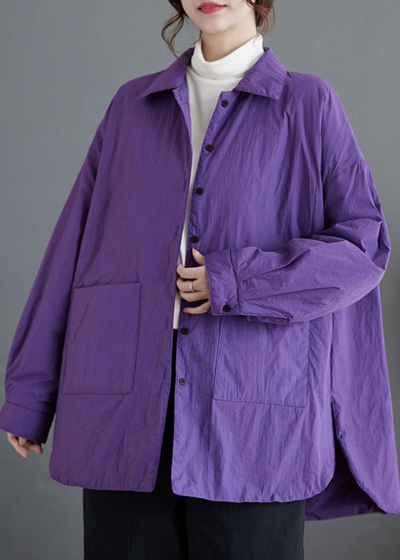 Lâche Violet Col Claudine Poches Patchwork Parkas Manteaux À Manches Longues - Violet