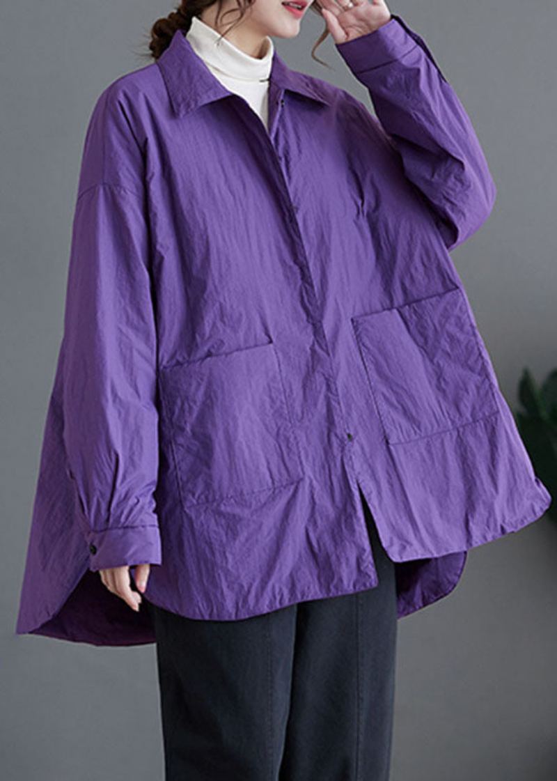 Lâche Violet Col Claudine Poches Patchwork Parkas Manteaux À Manches Longues - Violet