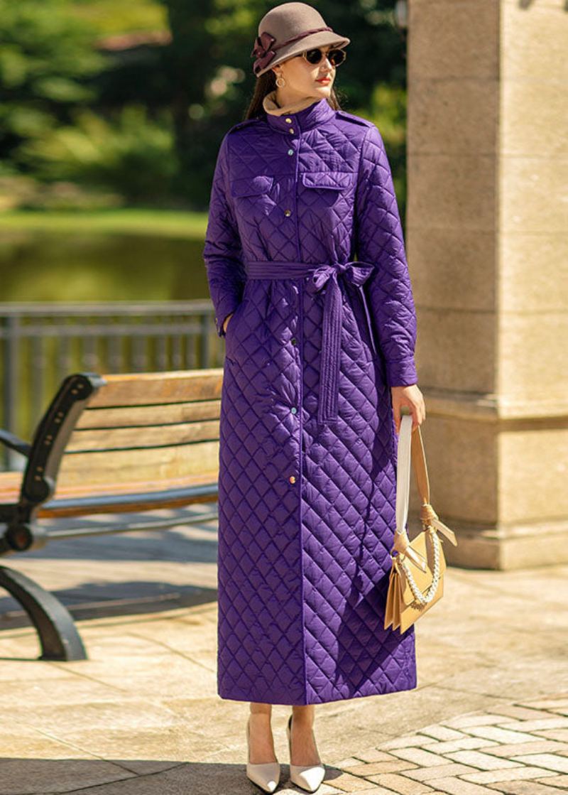 Les Ceintures Fines Violettes À Col Montant Allongent La Veste Bouffante Remplie De Coton Fin Pour L'hiver